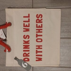 Canvas Wine Tote with Red Text And Red Jute Rope Handles 6 Bottles Christmas